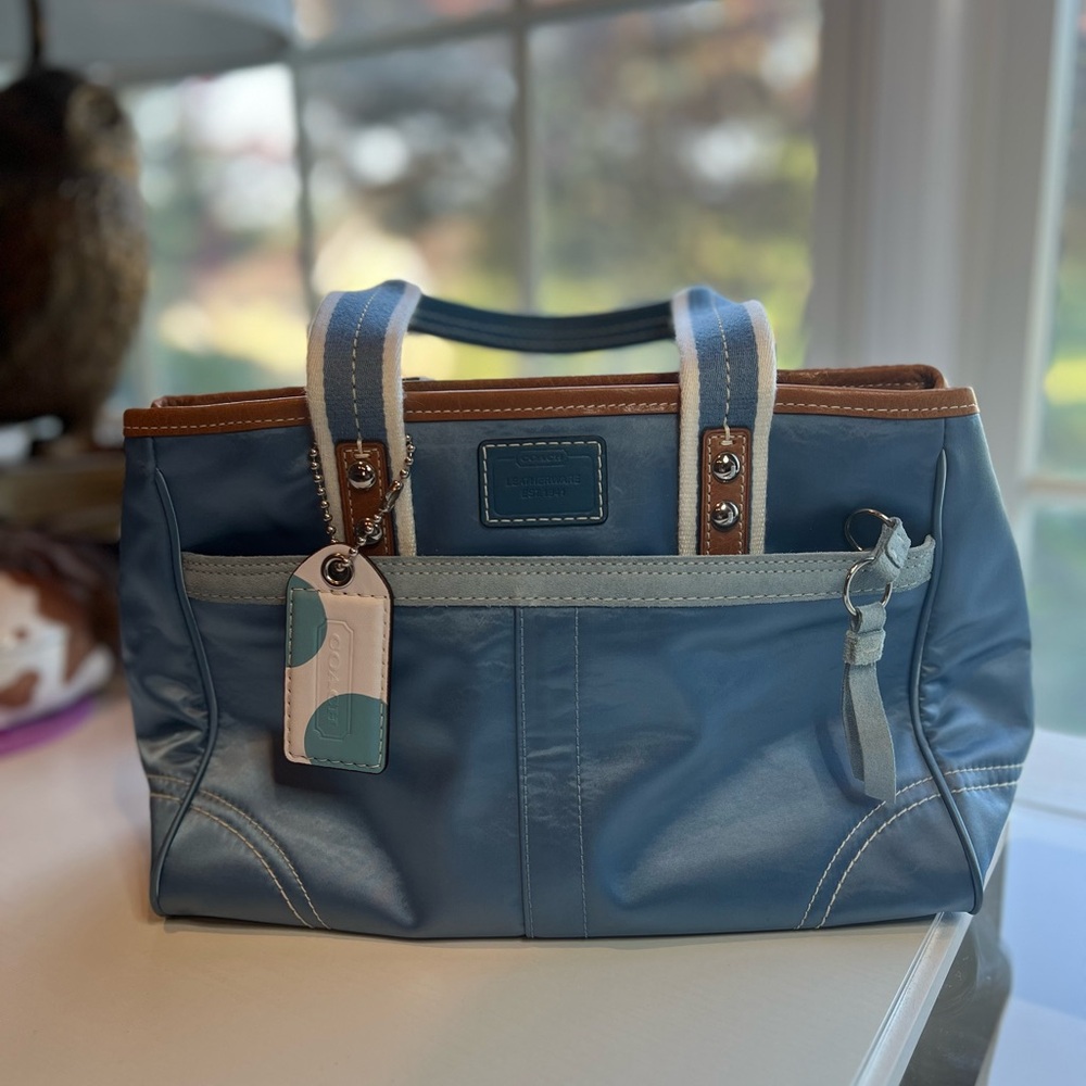 Coach Sky Blue and Tan Tote Bag